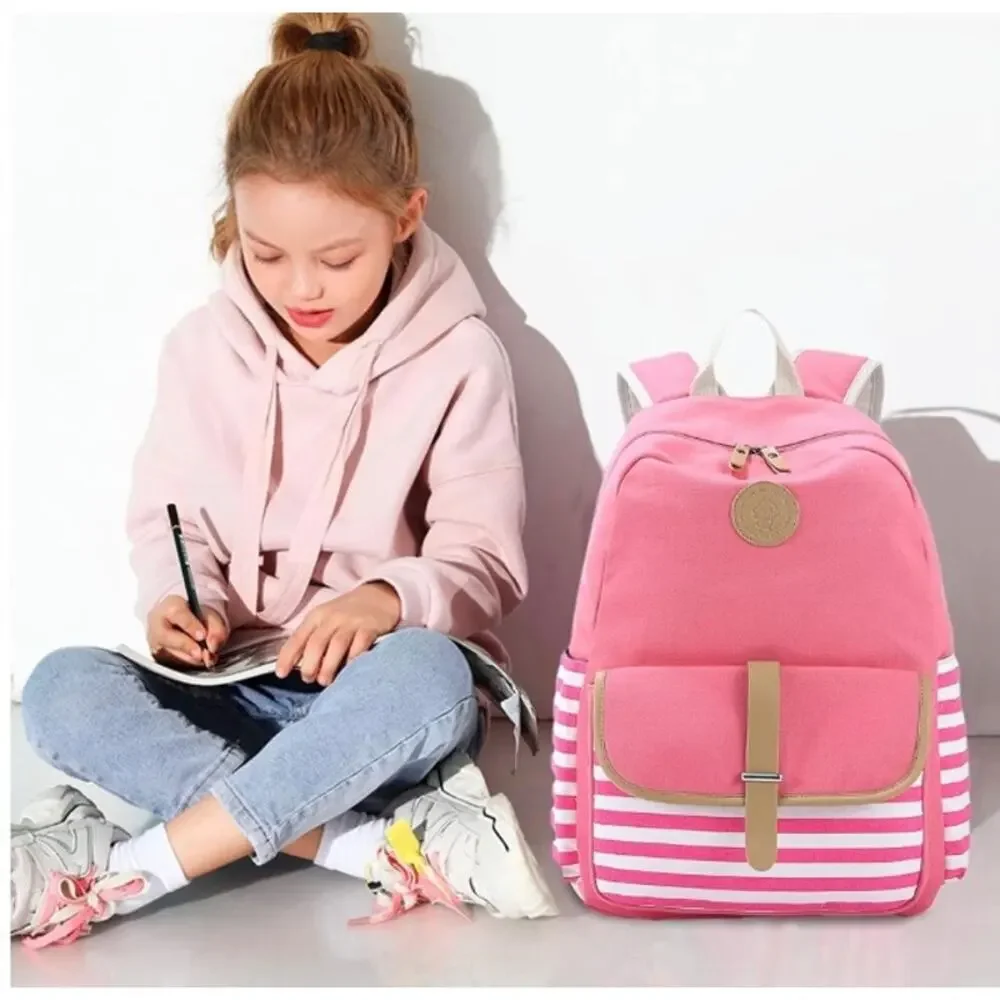 3-Piece Pink Backpack Set – Striped School Bag, Lunch‎ Bag & Pencil Case NEW